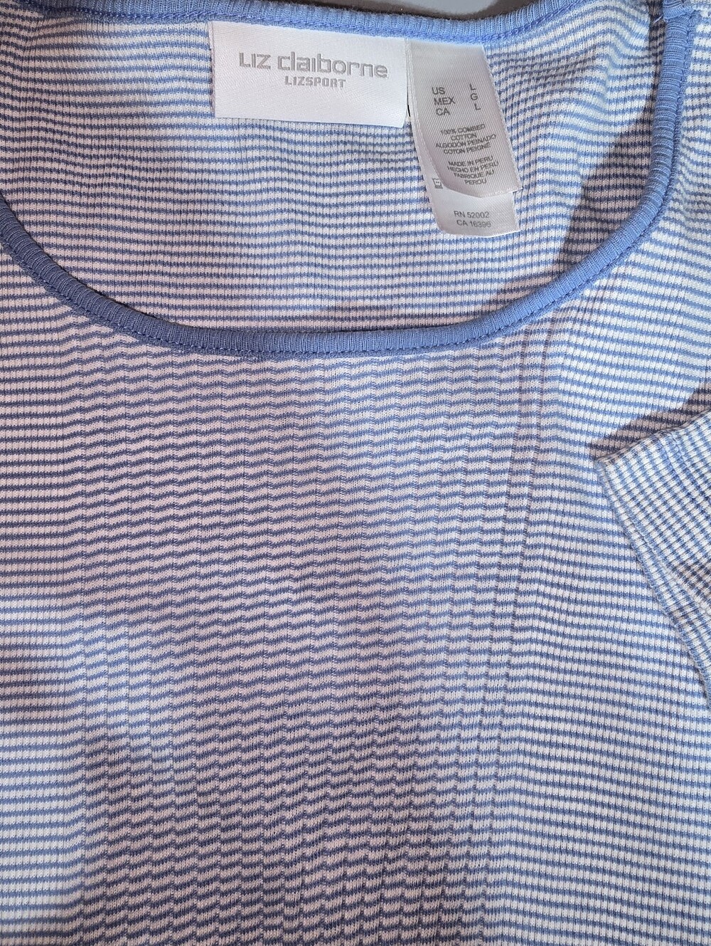 Vintage Liz Claiborne Lizsport Womens Large Blue And White Strip Tshirt